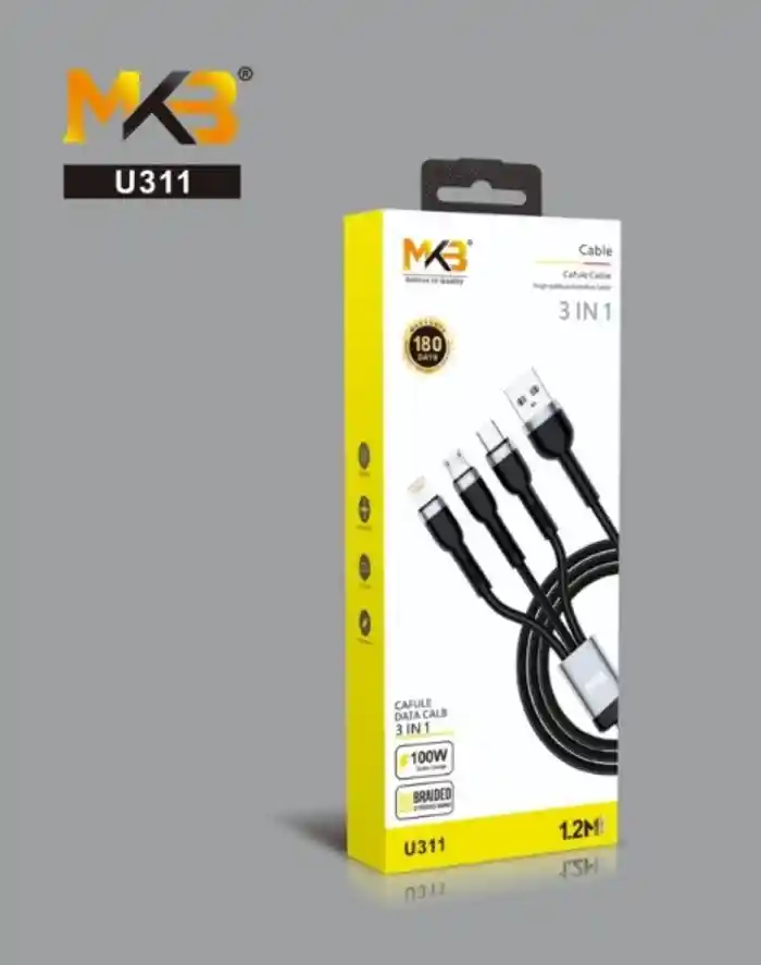 MKB U311 3 in 1 USB -LIGHTNING/Type-c/micro /100W higt power/FAST Cafule cable